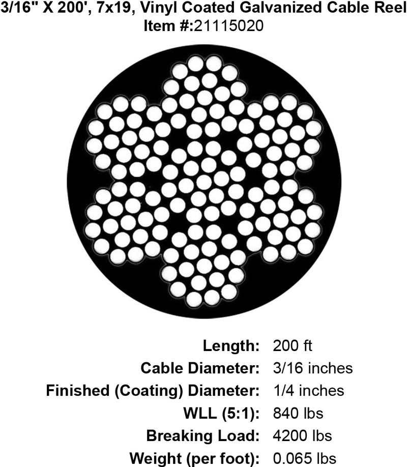 3/16" X 200' 7X19 Vinyl Coated Cable Specification Diagram