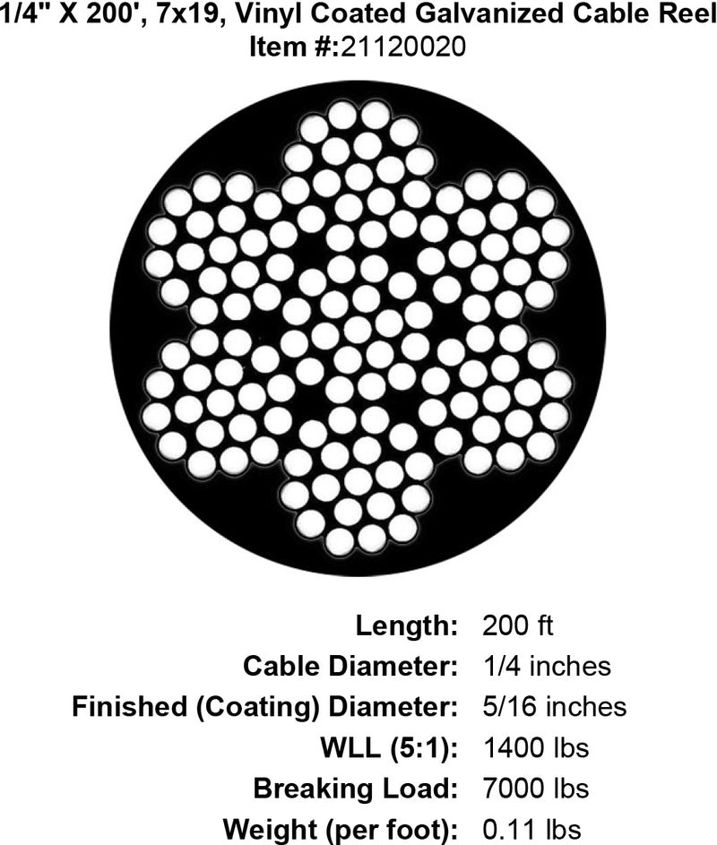 1/4" X 200' 7X19 Vinyl Coated Cable Specification Diagram
