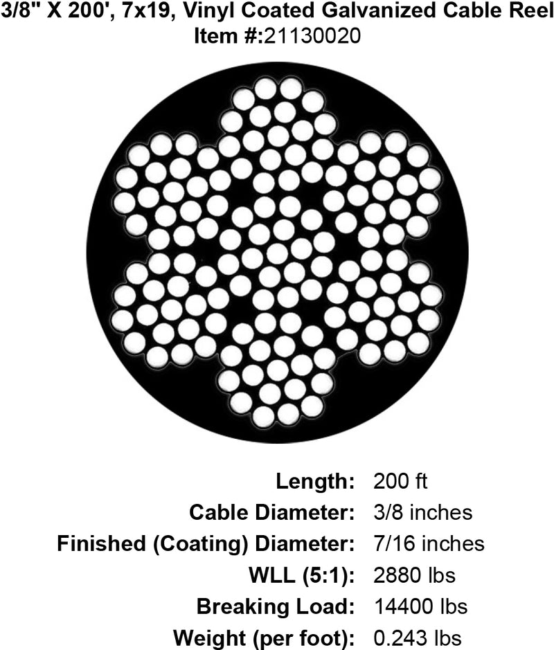 3/8" X 200' 7X19 Vinyl Coated Cable Specification Diagram