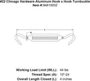 22 chicago hardware aluminum hook x hook turnbuckle specification diagram