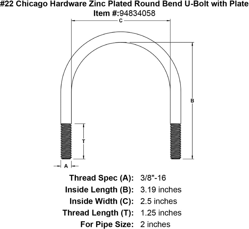 22 chicago hardware zinc plated round bend u bolt with plate specification diagram
