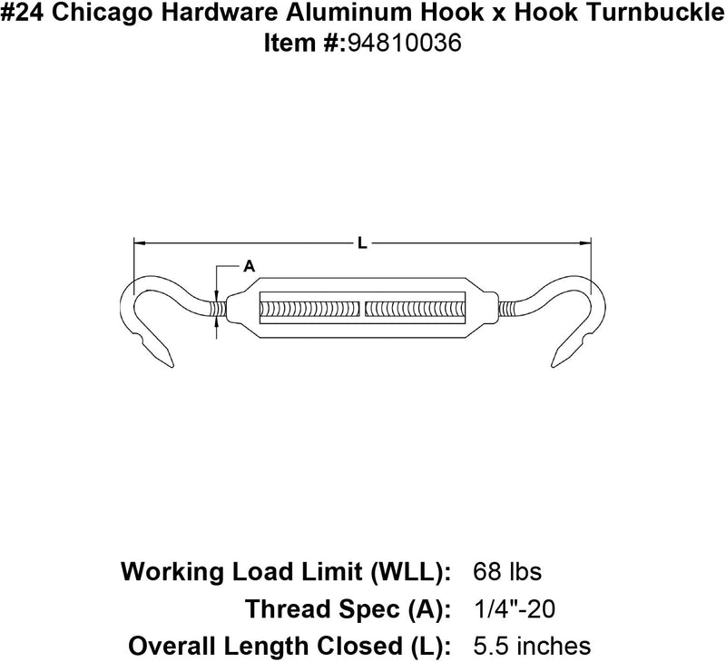 24 chicago hardware aluminum hook x hook turnbuckle specification diagram