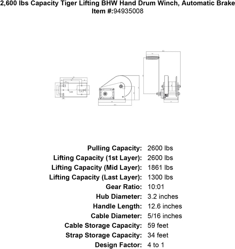 2600 lbs capacity tiger lifting bhw hand drum winch automatic brake specification diagram