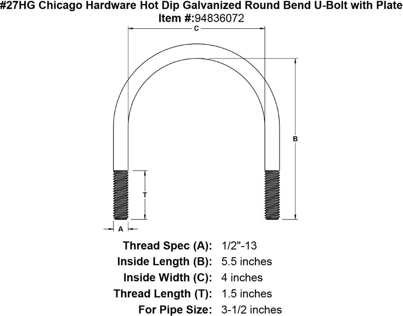 27hg chicago hardware hot dip galvanized round bend u bolt with plate specification diagram