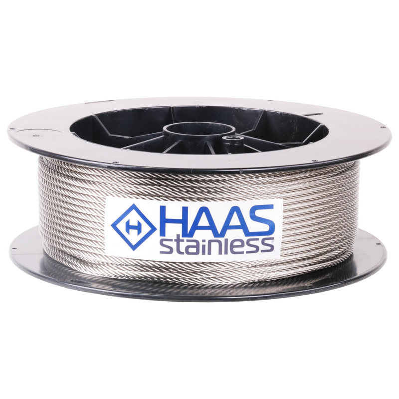 3/16 inch X 200 foot haas stainless 7x19 type 316 stainless steel cable reel label