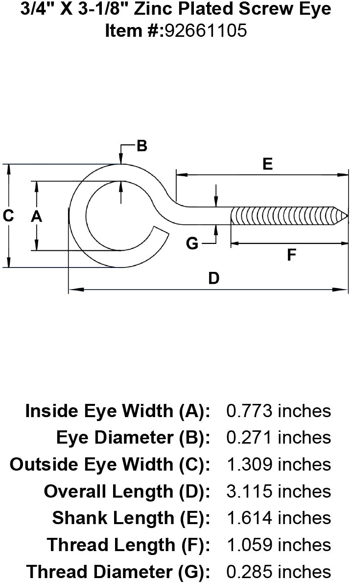 3 4 X 3 1 8 Zinc Plated Screw Eye specification diagram