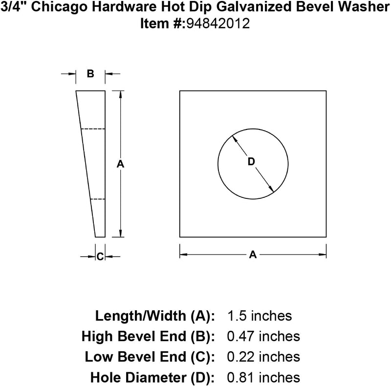 3 4 chicago hardware hot dip galvanized bevel washer specification diagram
