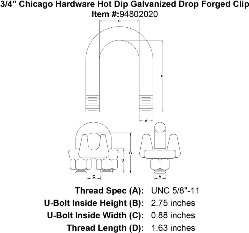 3 4 chicago hardware hot dip galvanized drop forged clip specification diagram
