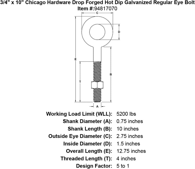 3 4 x 10 chicago hardware drop forged hot dip galvanized regular eyebolt specification diagram
