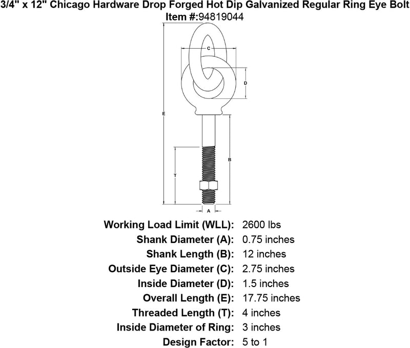 3 4 x 12 chicago hardware drop forged hot dip galvanized regular ring eyebolt specification diagram