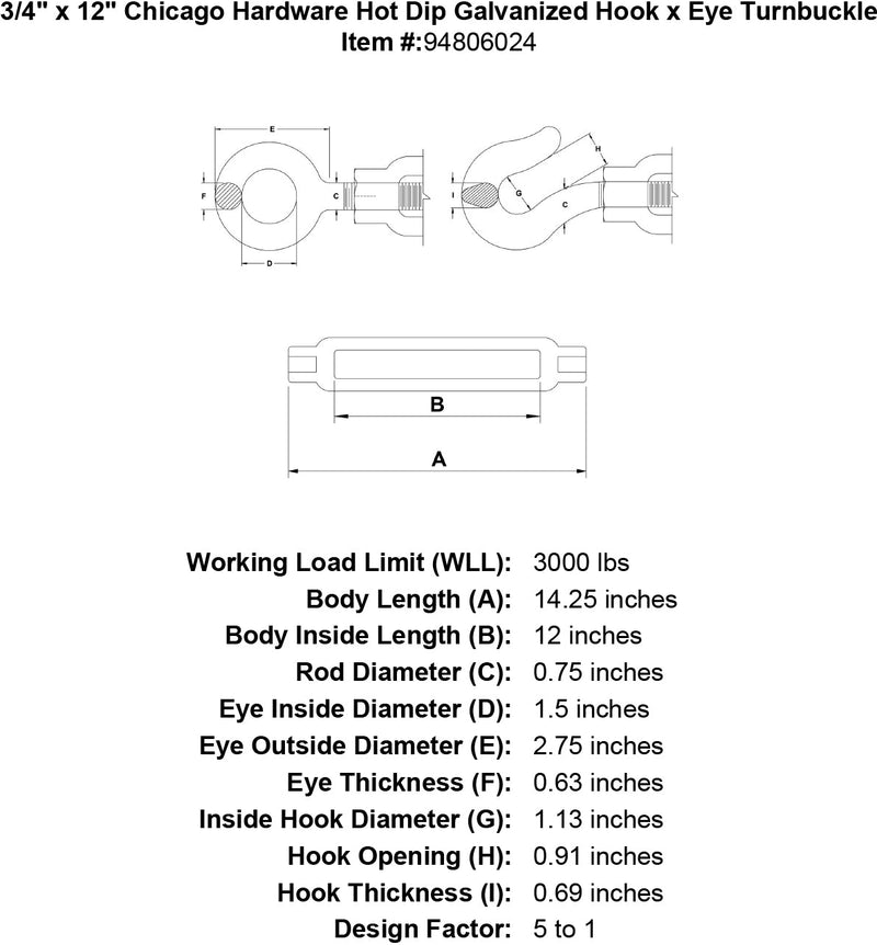 3 4 x 12 chicago hardware hot dip galvanized hook x eye turnbuckle specification diagram