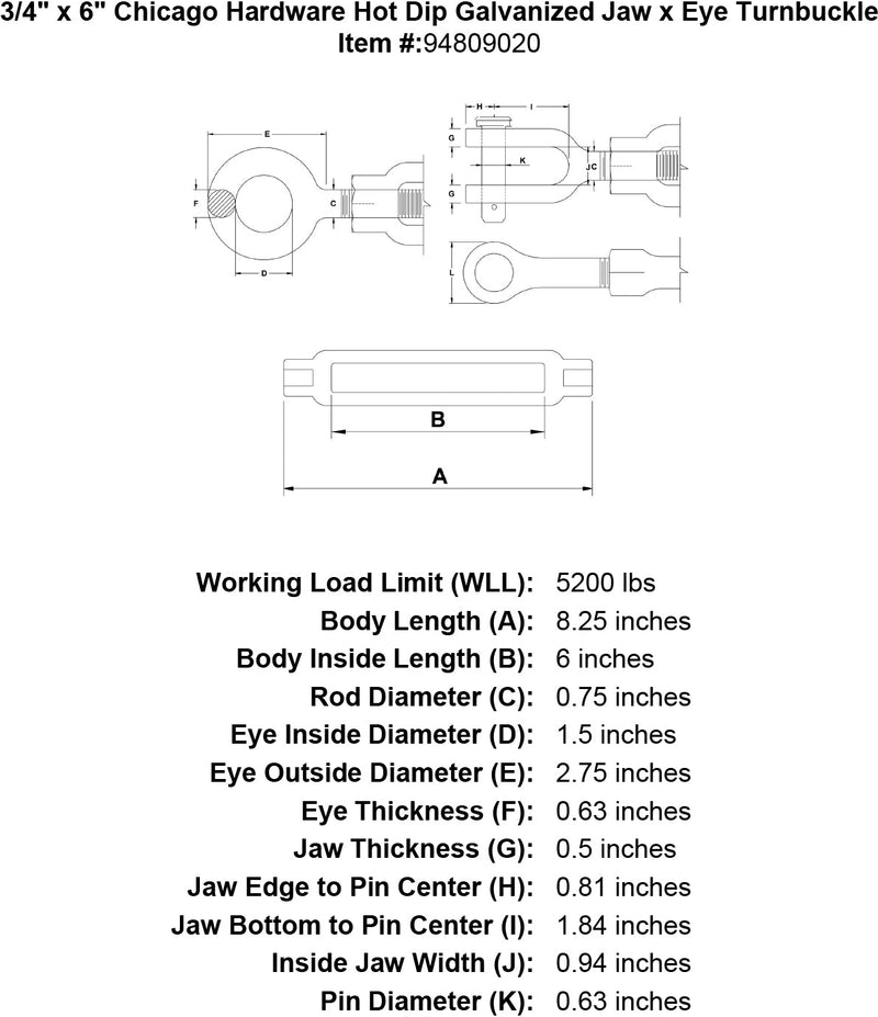 3 4 x 6 chicago hardware hot dip galvanized jaw x eye turnbuckle specification diagram