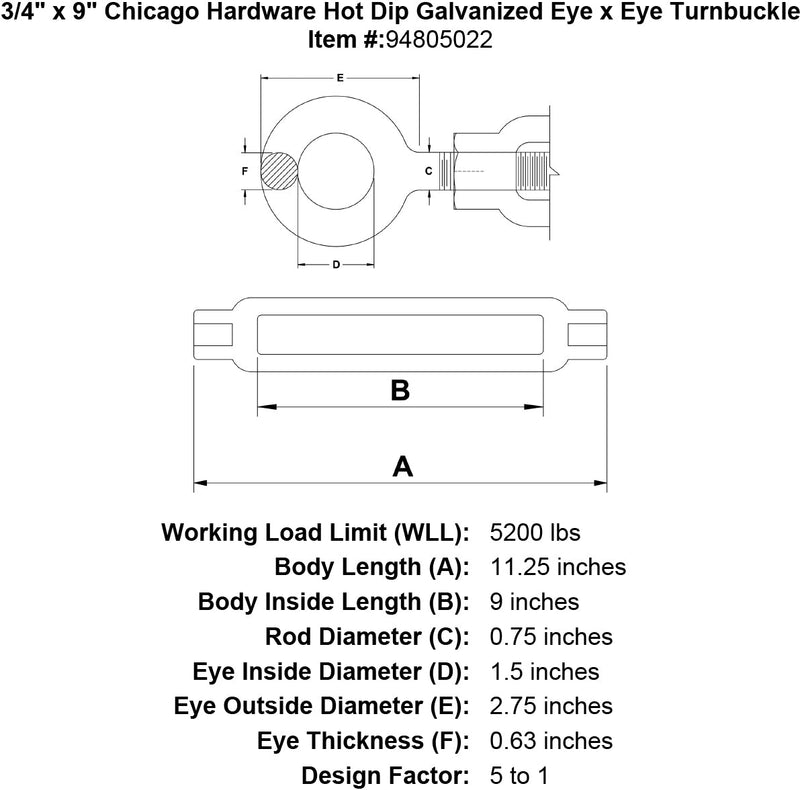3 4 x 9 chicago hardware hot dip galvanized eye x eye turnbuckle specification diagram