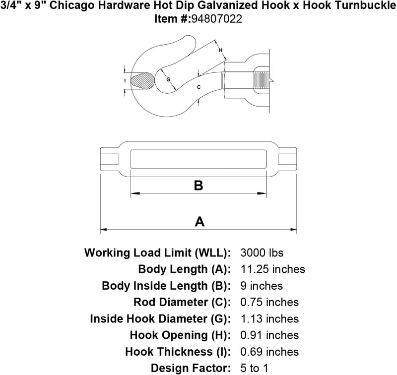 3 4 x 9 chicago hardware hot dip galvanized hook x hook turnbuckle specification diagram