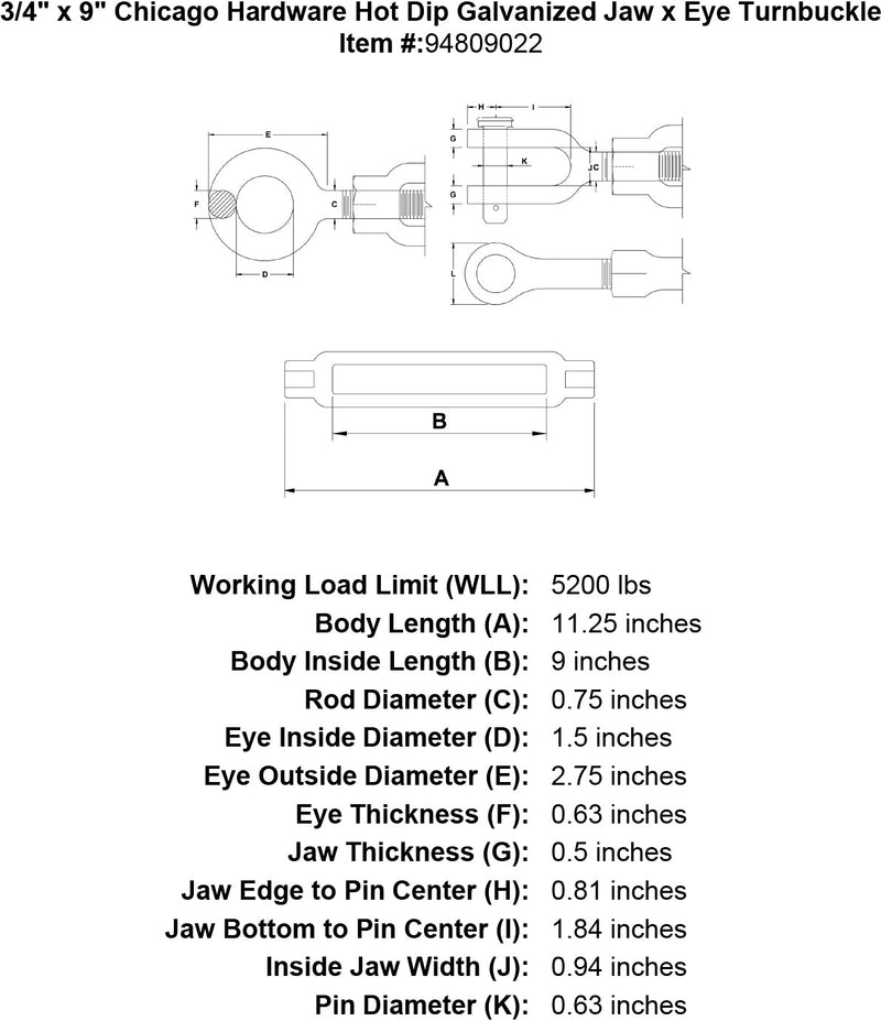 3 4 x 9 chicago hardware hot dip galvanized jaw x eye turnbuckle specification diagram