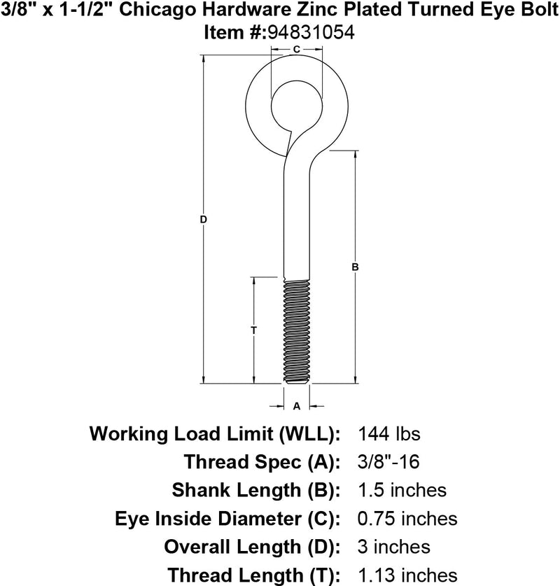 3 8 x 1 1 2 chicago hardware zinc plated turned eyebolt specification diagram