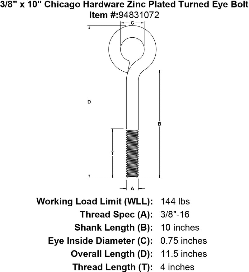 3 8 x 10 chicago hardware zinc plated turned eyebolt specification diagram
