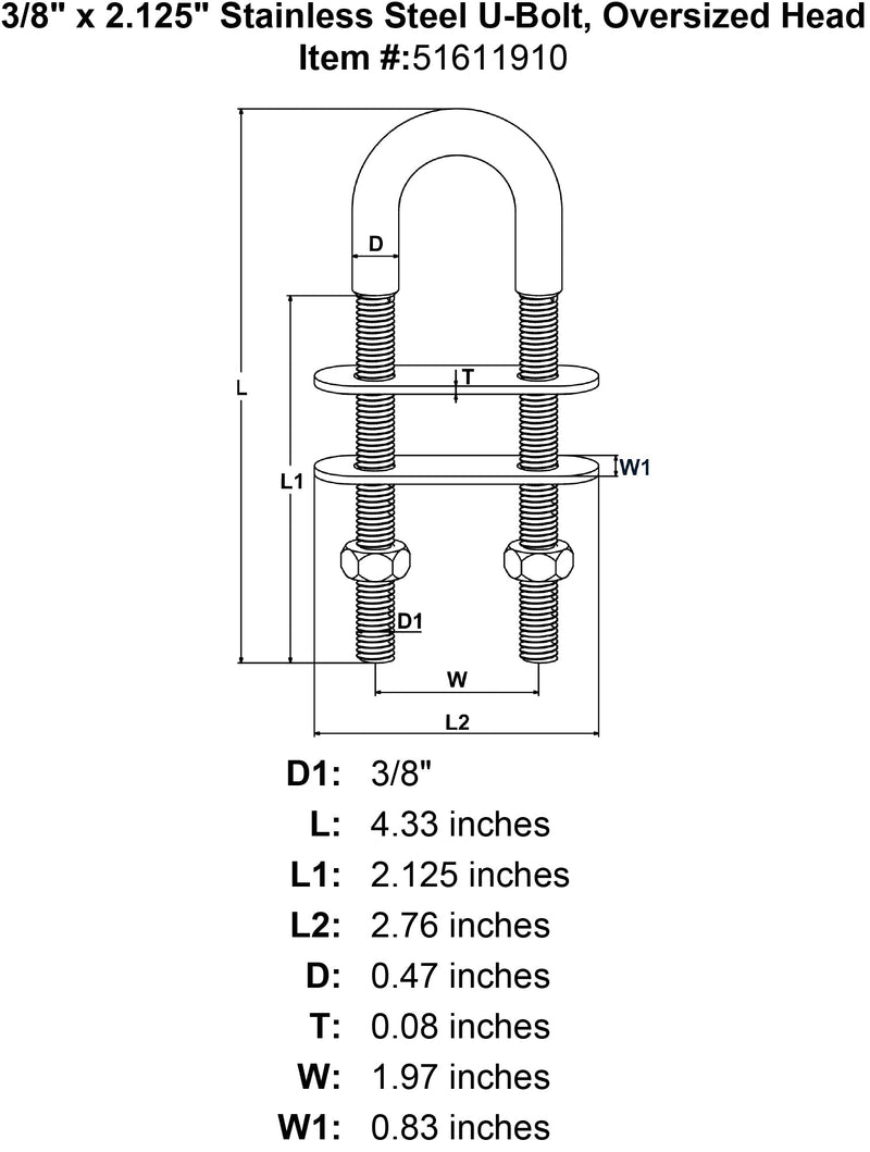 3 8 x 2 125 Stainless Steel U Bolt Oversized Head specification diagram