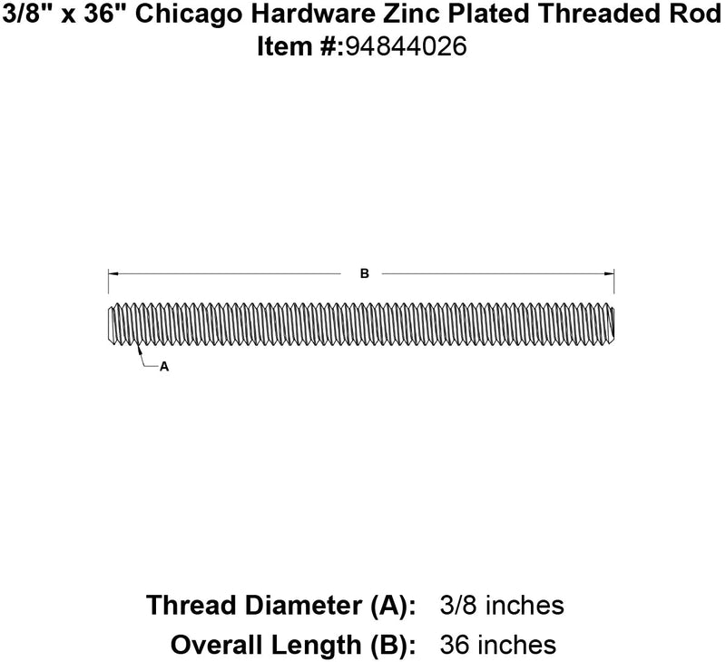 3 8 x 36 chicago hardware zinc plated threaded rod specification diagram
