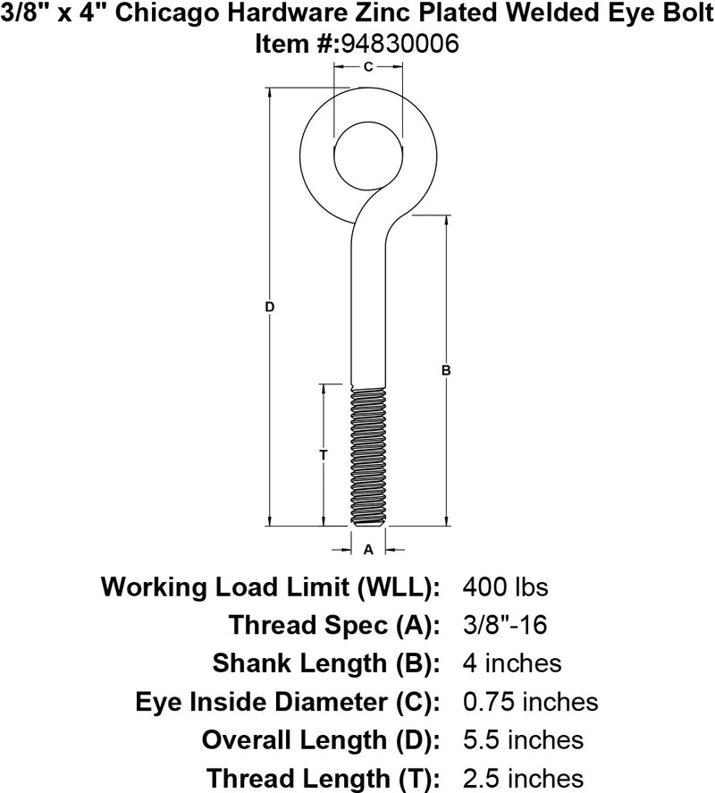 3 8 x 4 chicago hardware zinc plated welded eyebolt specification diagram