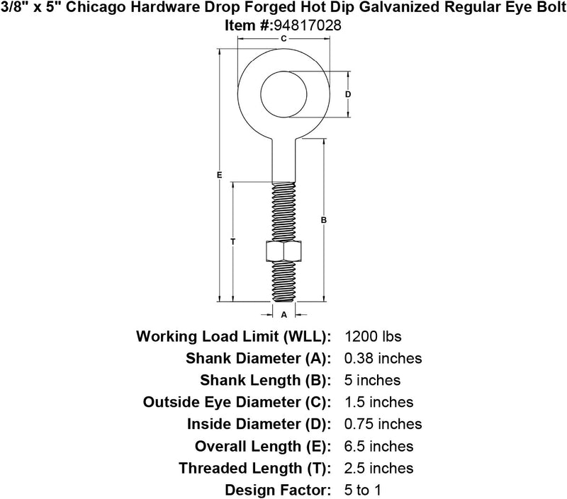 3 8 x 5 chicago hardware drop forged hot dip galvanized regular eyebolt specification diagram
