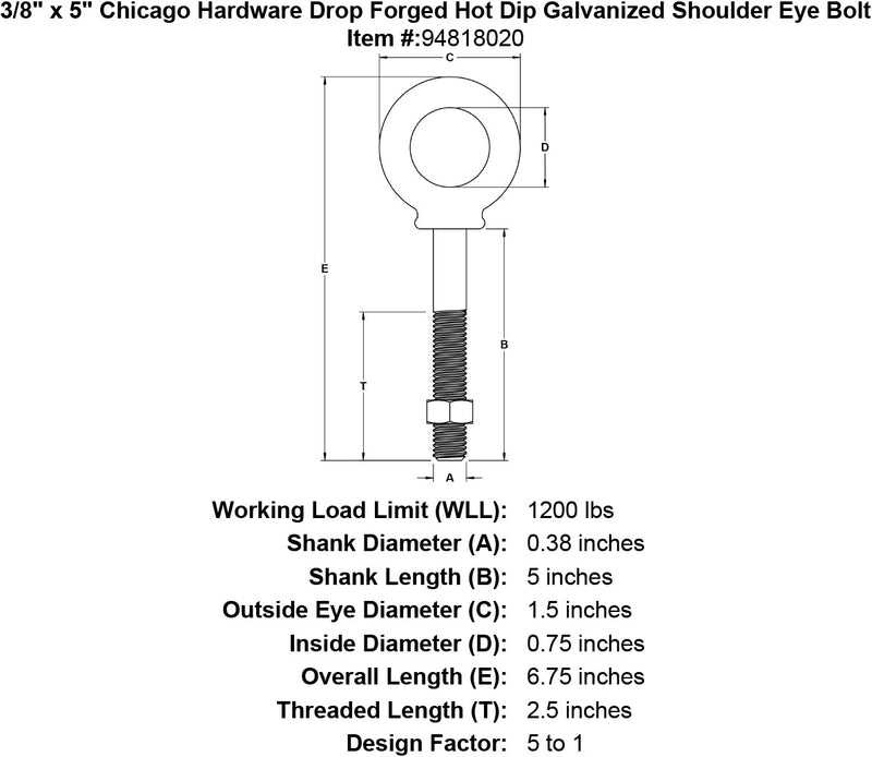 3 8 x 5 chicago hardware drop forged hot dip galvanized shoulder eyebolt specification diagram