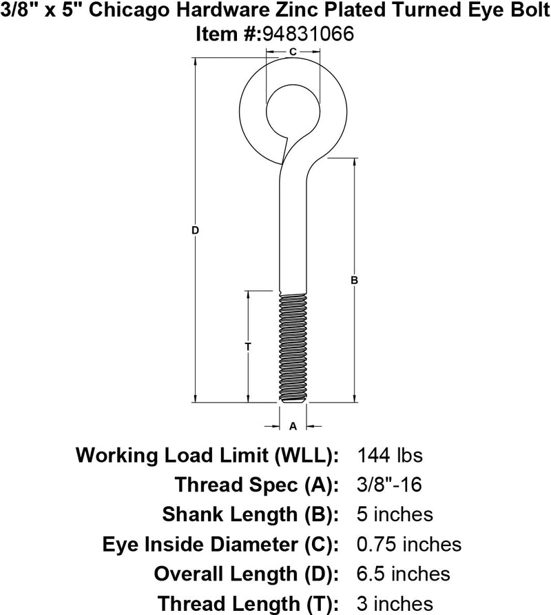 3 8 x 5 chicago hardware zinc plated turned eyebolt specification diagram