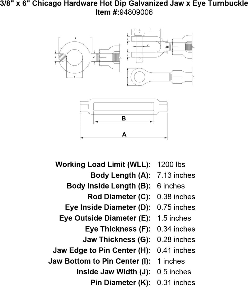 3 8 x 6 chicago hardware hot dip galvanized jaw x eye turnbuckle specification diagram