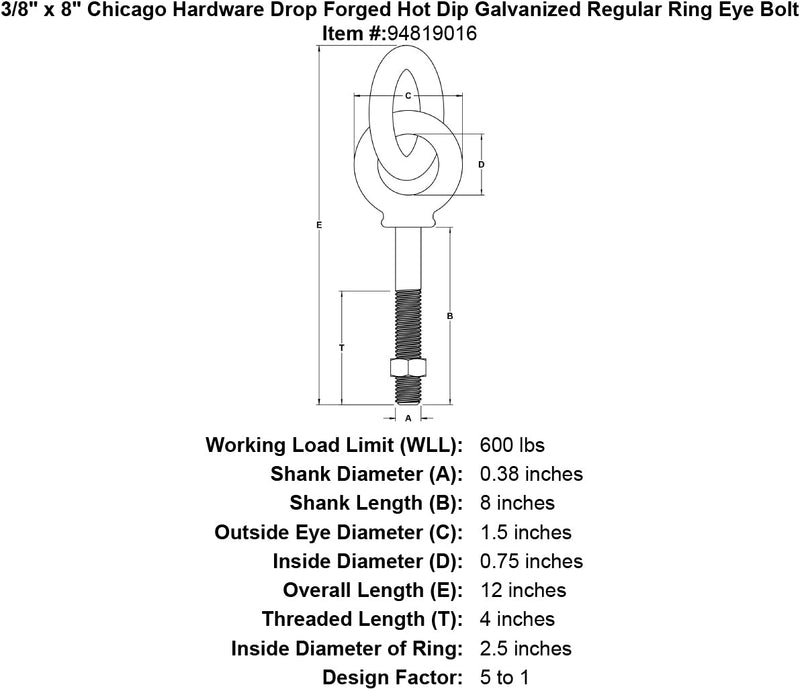 3 8 x 8 chicago hardware drop forged hot dip galvanized regular ring eyebolt specification diagram