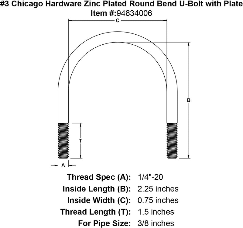 3 chicago hardware zinc plated round bend u bolt with plate specification diagram