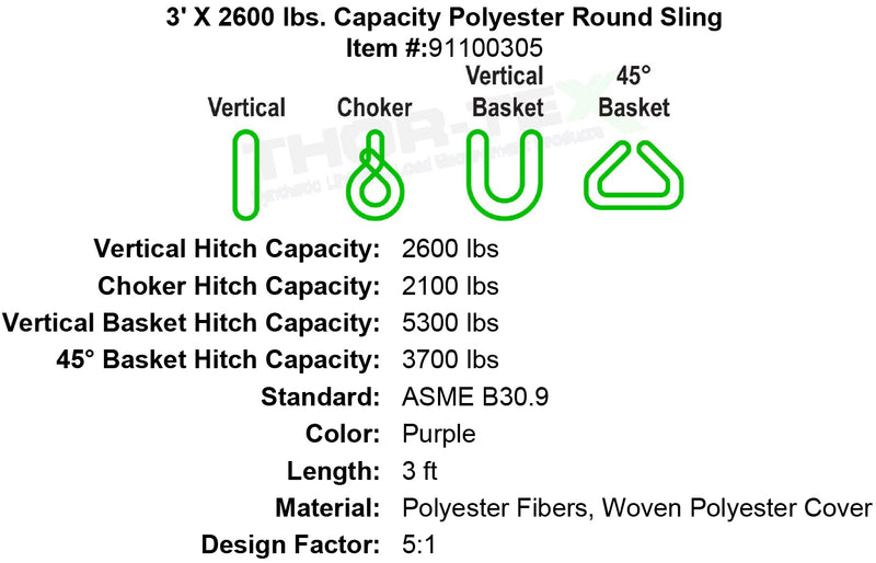 3 foot X 2600 lb Round Sling specification diagram