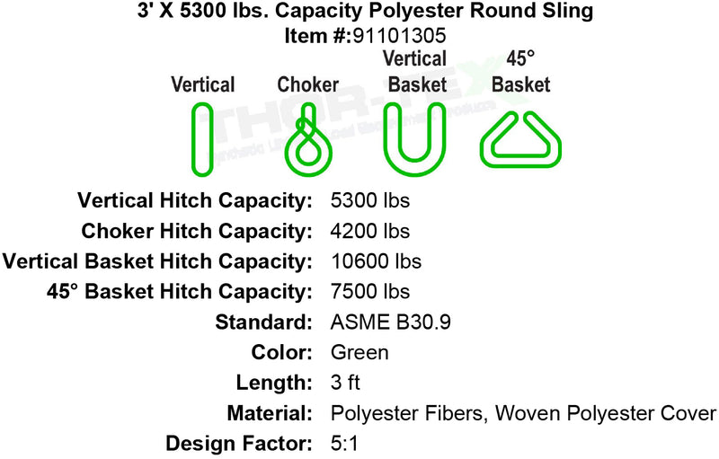 3 foot X 5300 lb Round Sling specification diagram
