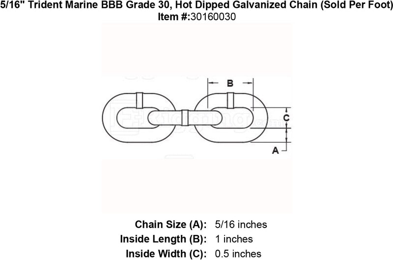 5 16 Trident Marine BBB Hot Dipped Galvanized Chain specification diagram
