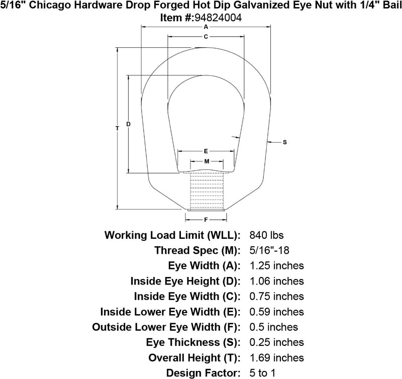 5 16 chicago hardware drop forged hot dip galvanized eye nut specification diagram
