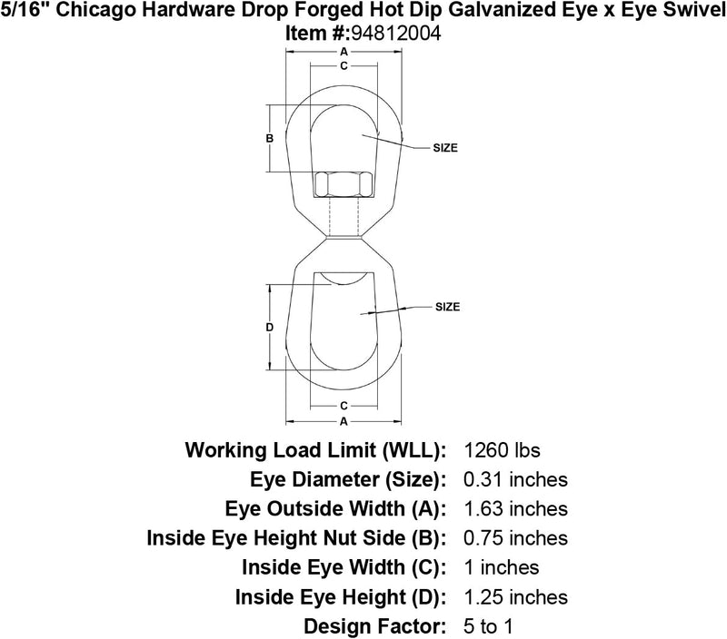 5 16 chicago hardware drop forged hot dip galvanized eye x eye swivel specification diagram