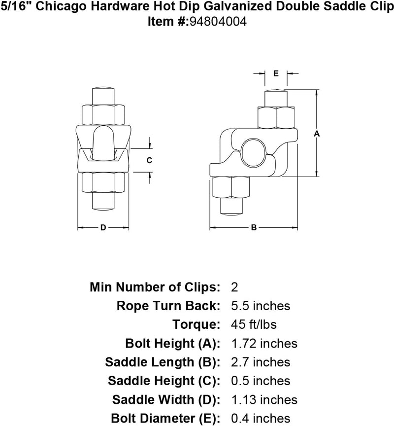 5 16 chicago hardware hot dip galvanized double saddle clip specification diagram