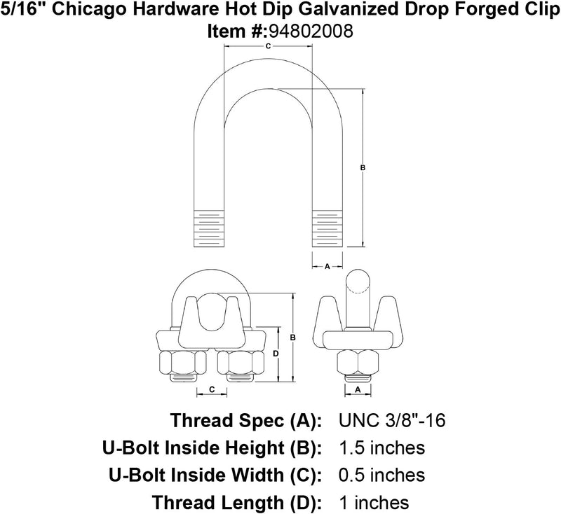 5 16 chicago hardware hot dip galvanized drop forged clip specification diagram