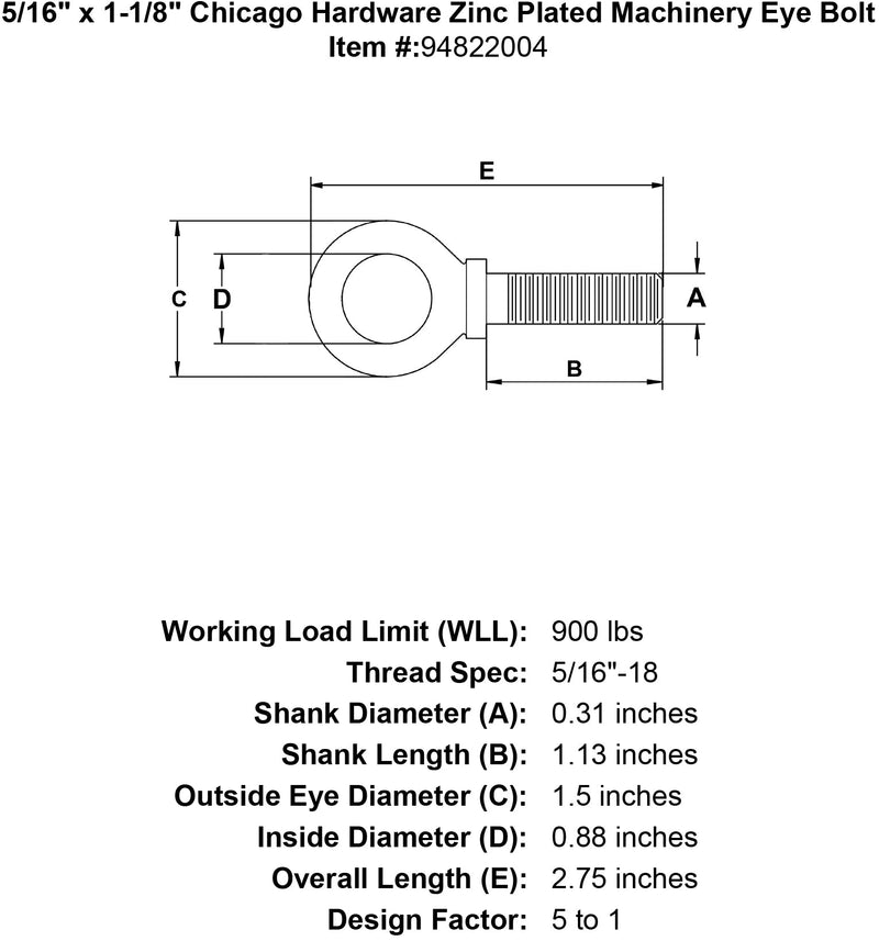 5 16 x 1 1 8 chicago hardware zinc plated machinery eyebolt specification diagram