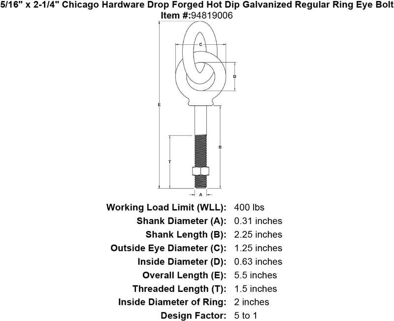 5 16 x 2 1 4 chicago hardware drop forged hot dip galvanized regular ring eyebolt specification diagram