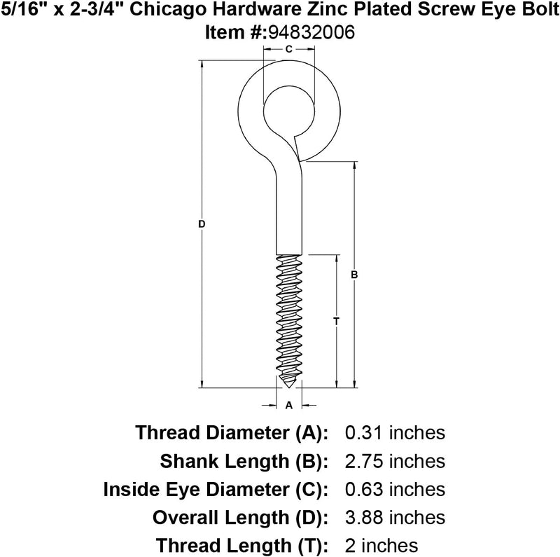 5 16 x 2 3 4 chicago hardware zinc plated screw eyebolt specification diagram