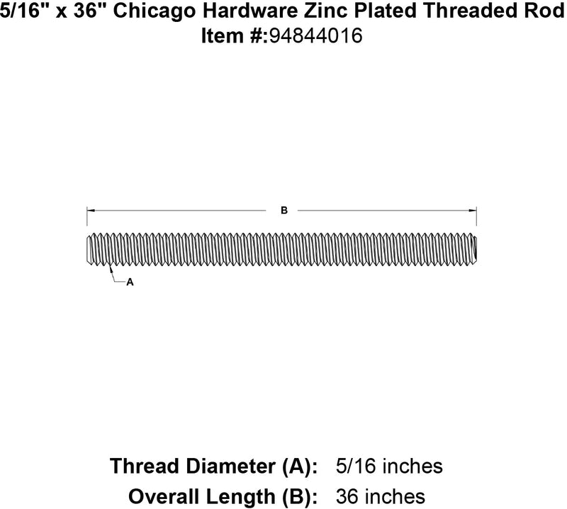 5 16 x 36 chicago hardware zinc plated threaded rod specification diagram