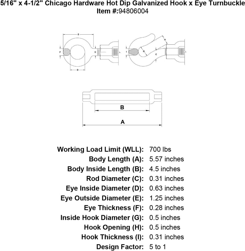 5 16 x 4 1 2 chicago hardware hot dip galvanized hook x eye turnbuckle specification diagram