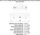 5 16 x 4 1 2 chicago hardware hot dip galvanized hook x hook turnbuckle specification diagram