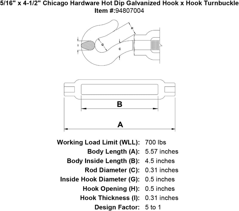 5 16 x 4 1 2 chicago hardware hot dip galvanized hook x hook turnbuckle specification diagram