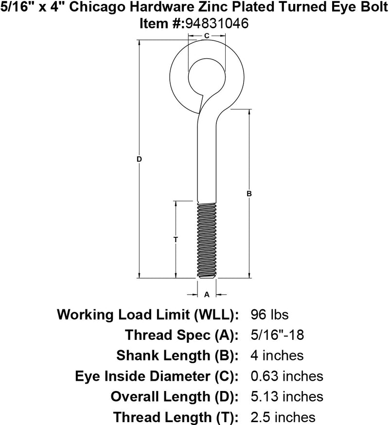 5 16 x 4 chicago hardware zinc plated turned eyebolt specification diagram
