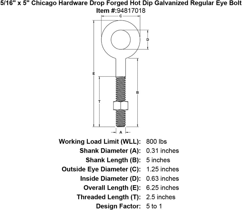 5 16 x 5 chicago hardware drop forged hot dip galvanized regular eyebolt specification diagram