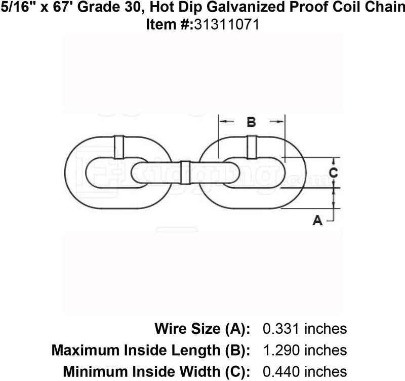 5 16 x 67 Grade 30 Hot Dip Galvanized Proof Coil Chain specification diagram