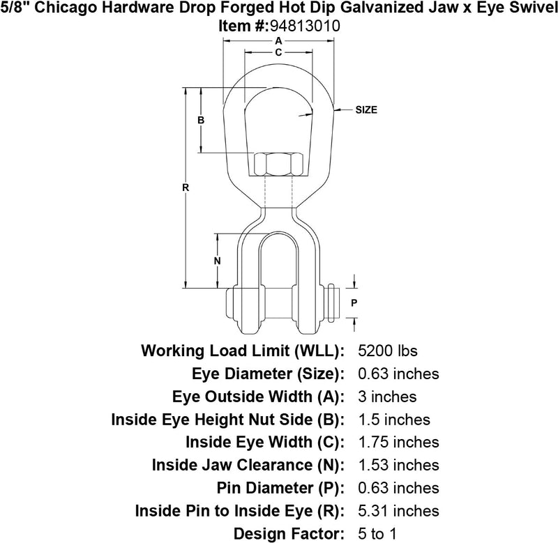 5 8 chicago hardware drop forged hot dip galvanized jaw x eye swivel specification diagram