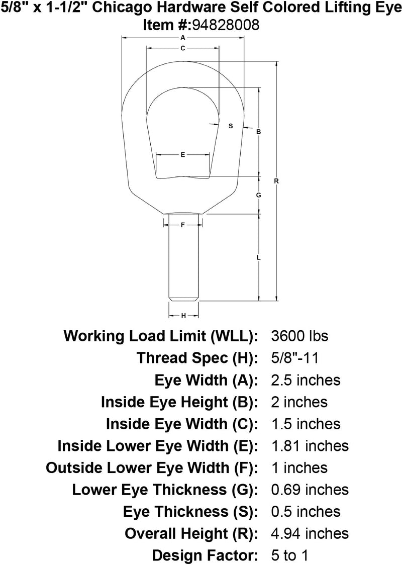 5 8 x 1 1 2 chicago hardware self colored lifting eye specification diagram