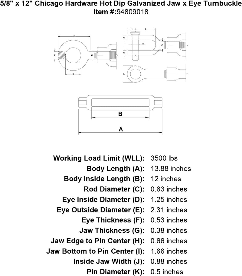 5 8 x 12 chicago hardware hot dip galvanized jaw x eye turnbuckle specification diagram